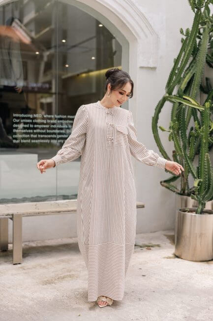Posy  Dress - White with brown striped