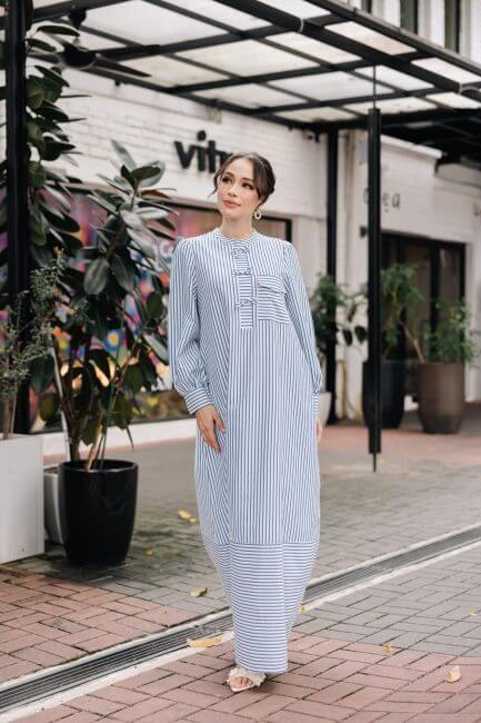 Posy  Dress - White with blue striped